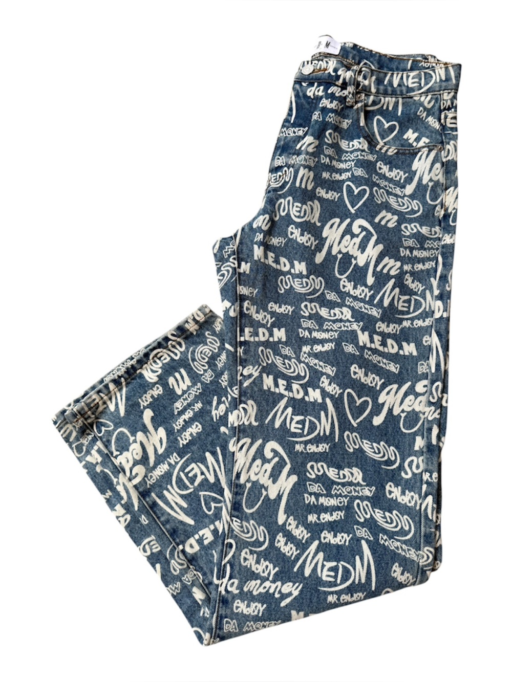 MEDM Jeans Men Large Blue Denim  straight jeans All Print Over Letters In White